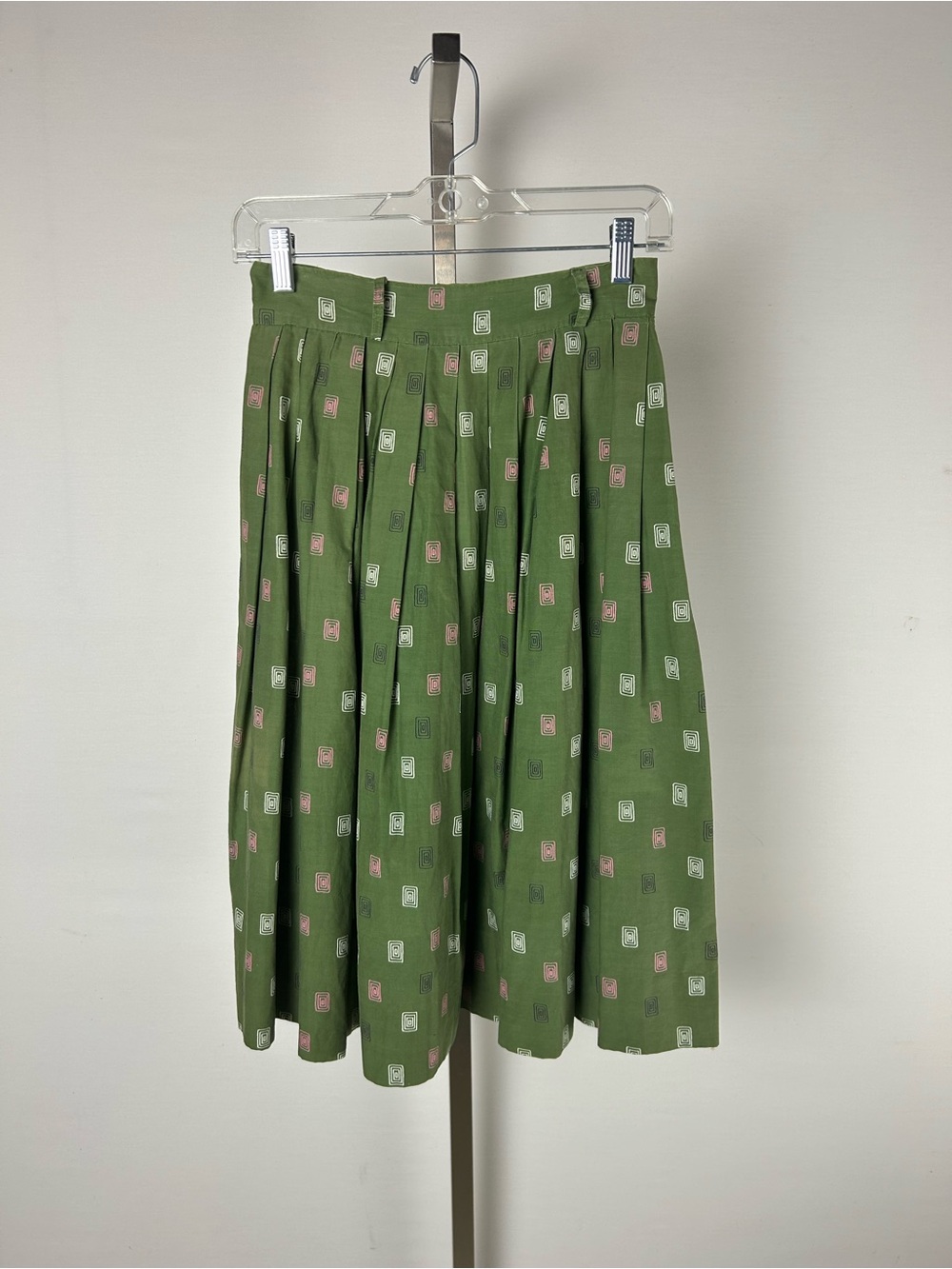 VINTAGE Olive Green, Pink, Cream Geometric Printed Pleated Midi Skirt